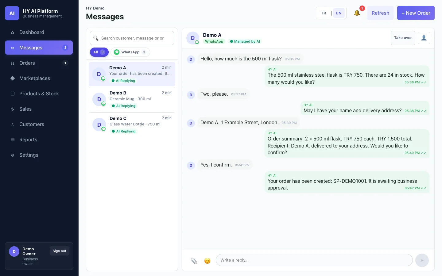 HY messages: order recorded after customer confirmation
