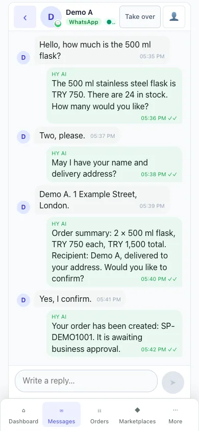 HY messages: order recorded after customer confirmation