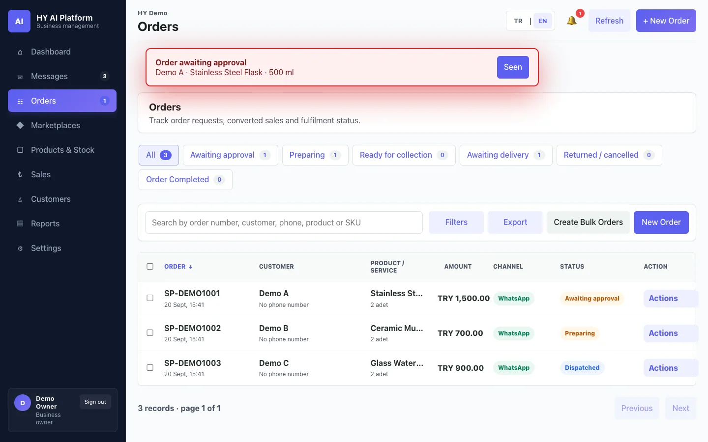 HY orders: approval, preparation and delivery