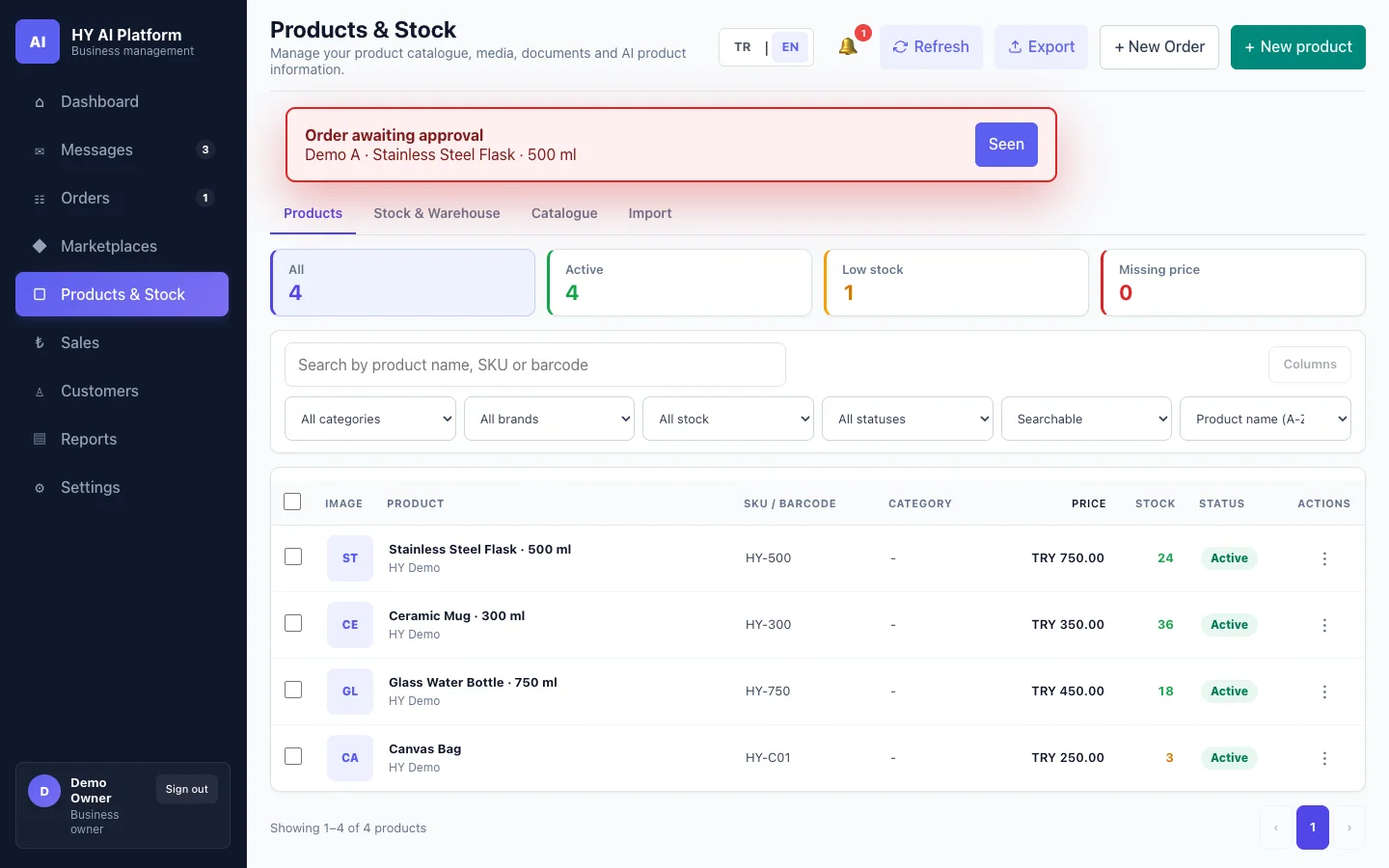 HY product catalogue with prices and stock